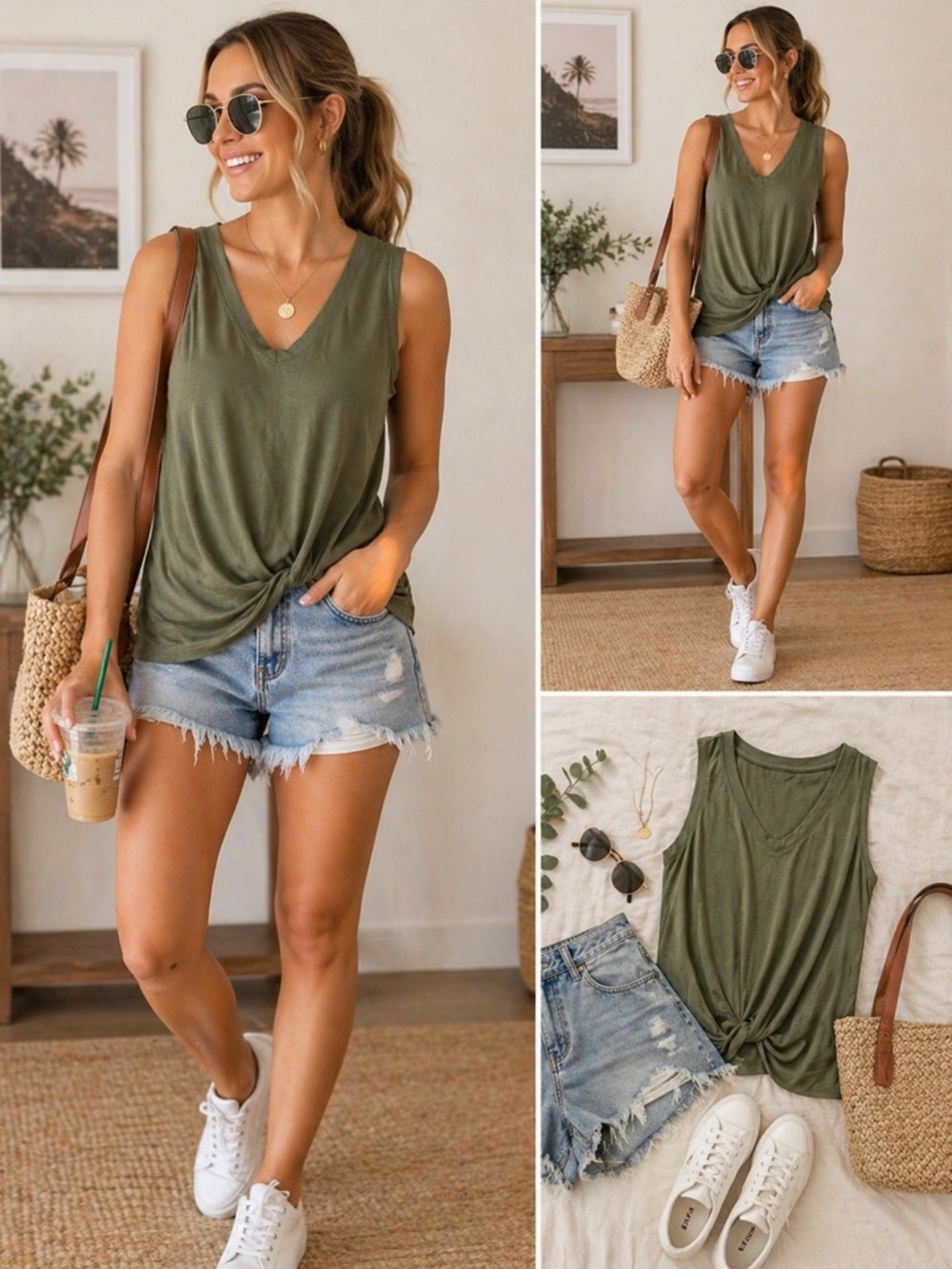 Time and Tru Olive Green Knot-Front V-Neck Tank Top